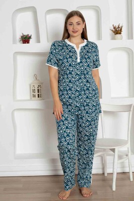 İndigo Çiçek Desenli Büyük Beden Bayan Pijama Takımı 2795KYB - Alimer