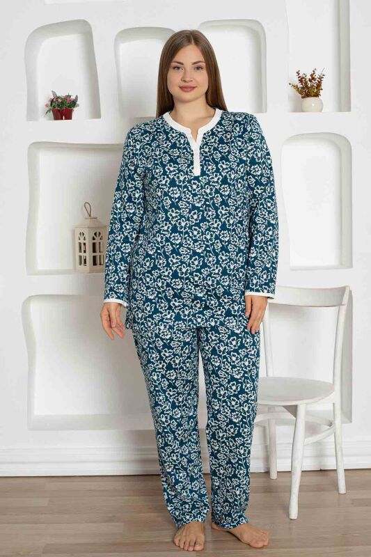 İndigo Çiçek Desenli Büyük Beden Bayan Pijama Takımı 2795UYB - 1