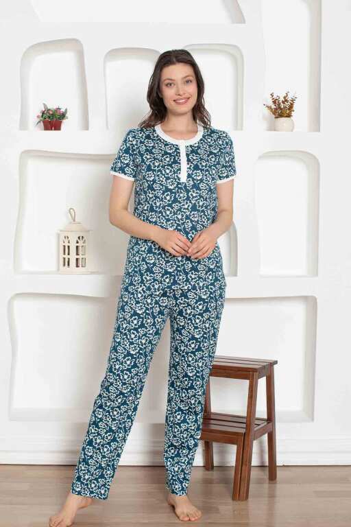 İndigo Çiçek Desenli Penye Bayan Pijama Takımı 2794KY - 4