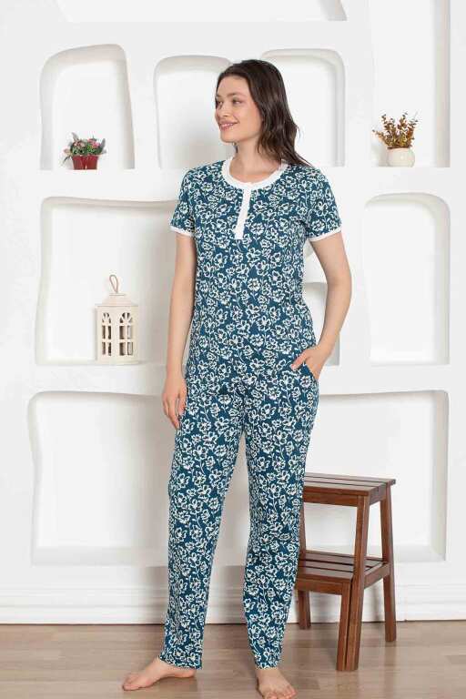 İndigo Çiçek Desenli Penye Bayan Pijama Takımı 2794KY - Alimer
