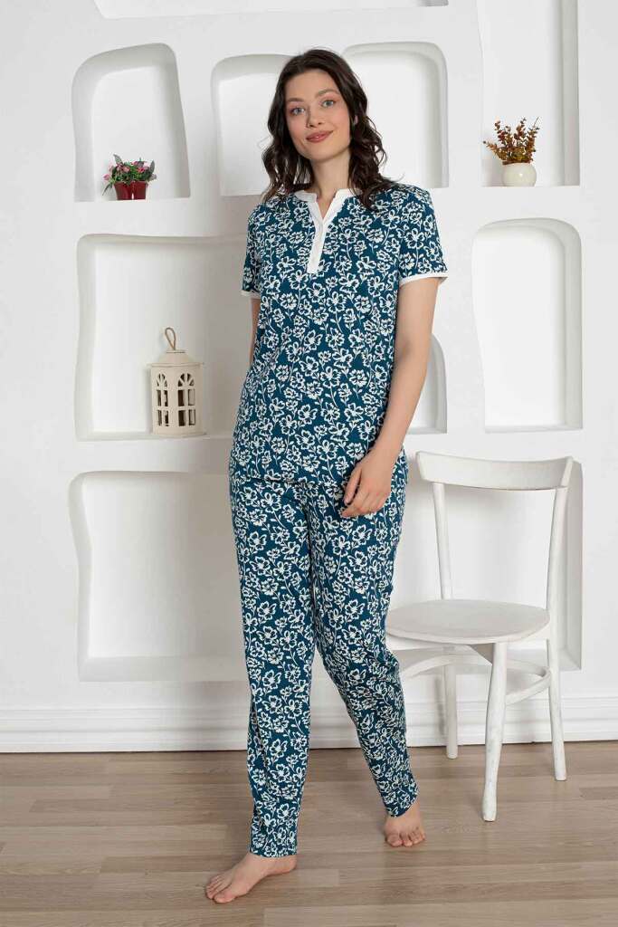 İndigo Çiçek Desenli Penye Bayan Pijama Takımı 2795KY - 1