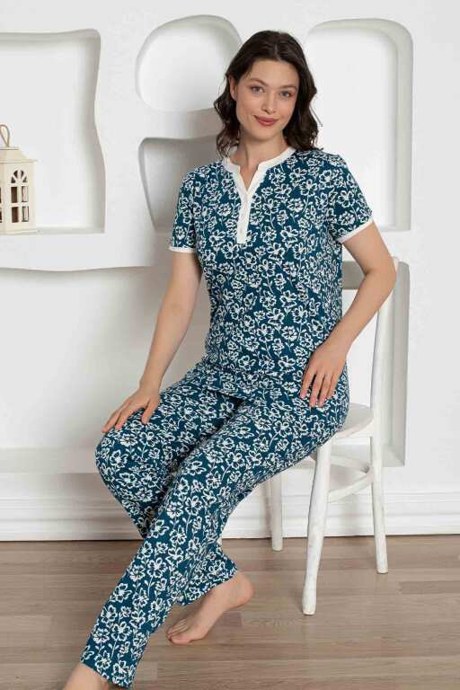 İndigo Çiçek Desenli Penye Bayan Pijama Takımı 2795KY - Alimer (1)
