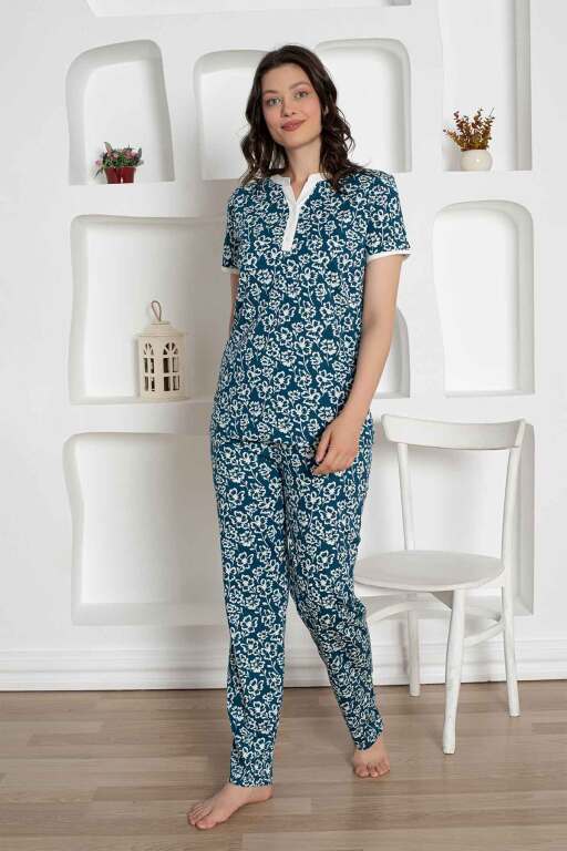 İndigo Çiçek Desenli Penye Bayan Pijama Takımı 2795KY - Alimer
