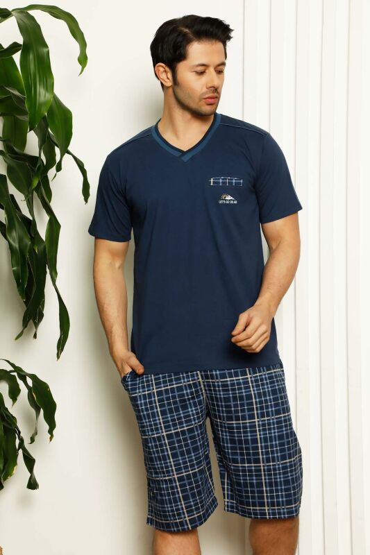 İndigo Ekoseli Şortlu Erkek Pijama Takımı 1167ŞT - 2