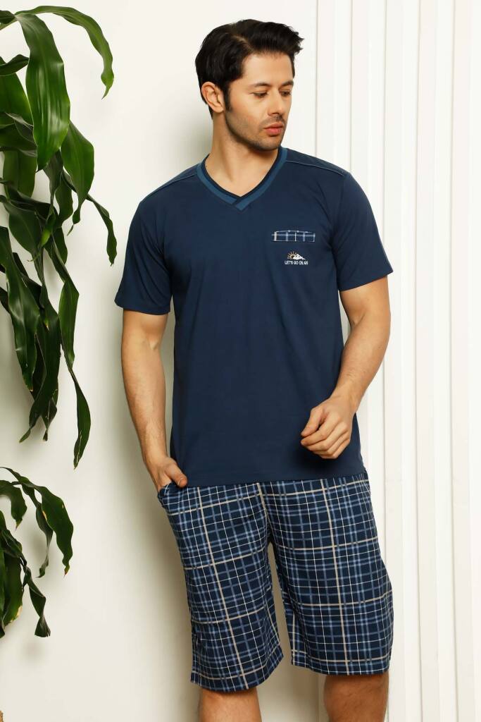 İndigo Ekoseli Kısa Kollu Erkek Şort Takımı 1167ŞT - 4