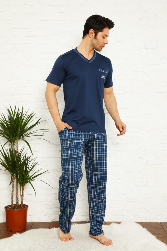 İndigo Ekoseli Kısa Kollu Erkek Pijama Takımı 1167KY - 1