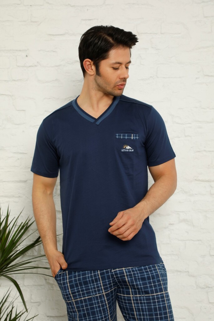 İndigo Ekoseli Kısa Kollu Erkek Pijama Takımı 1167KY - 2