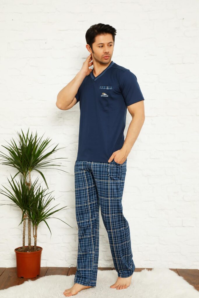 İndigo Ekoseli Kısa Kollu Erkek Pijama Takımı 1167KY - 3