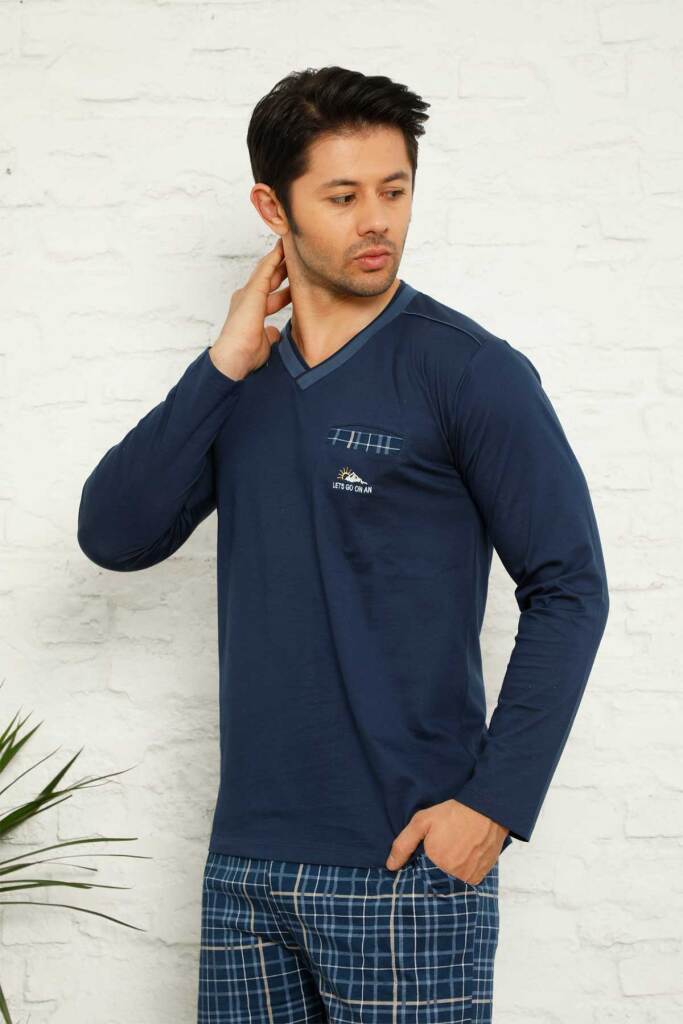 İndigo Ekoseli Uzun Kollu Erkek Pijama Takımı 1167UY - 2