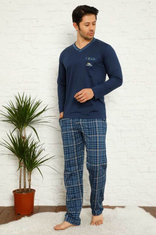 İndigo Ekoseli Uzun Kollu Erkek Pijama Takımı 1167UY - Alimer