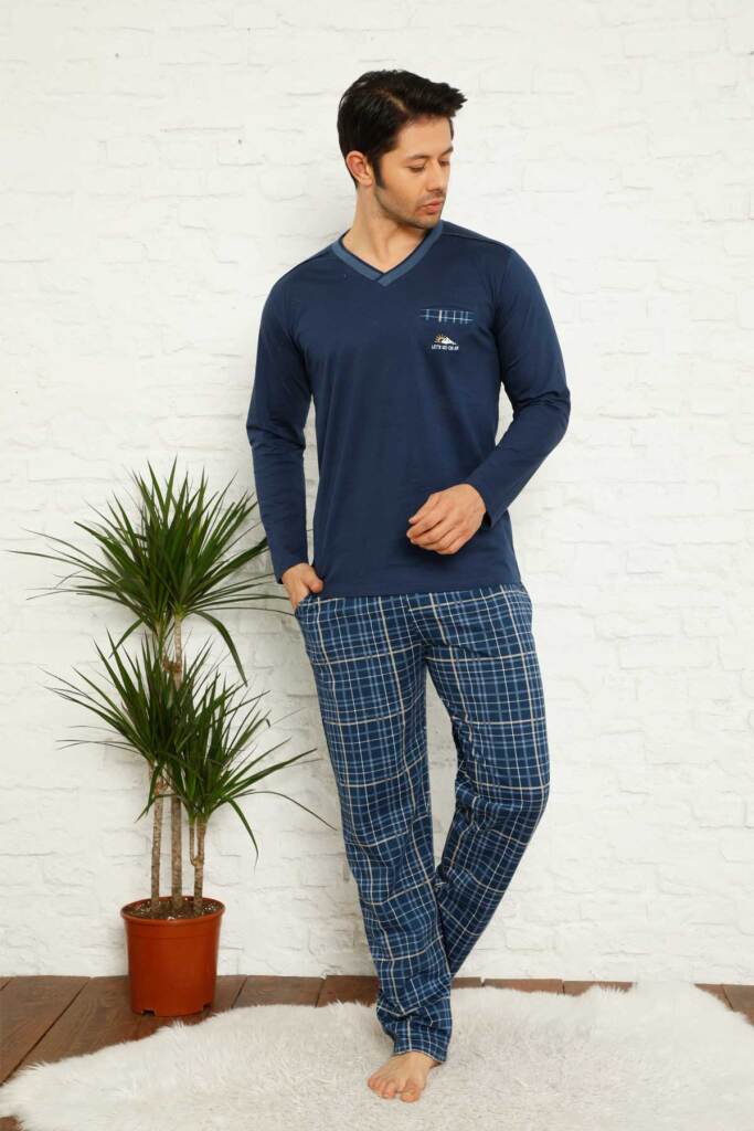 İndigo Ekoseli Uzun Kollu Erkek Pijama Takımı 1167UY - 3