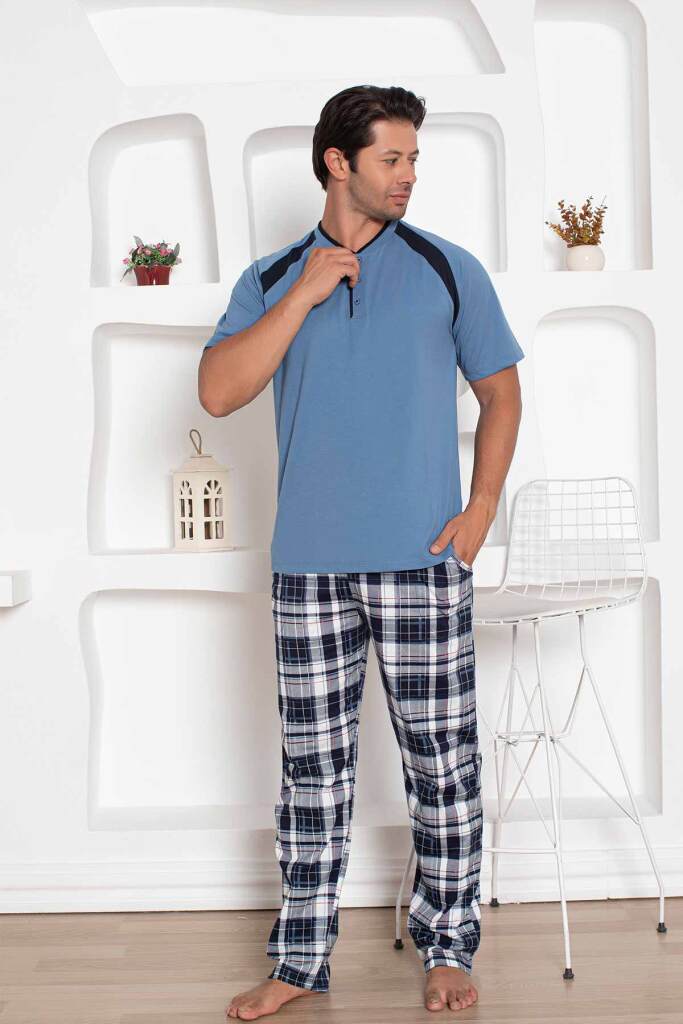 İndigo Kareli Kısa Kollu Erkek Pijama Takımı 1206KY - 1