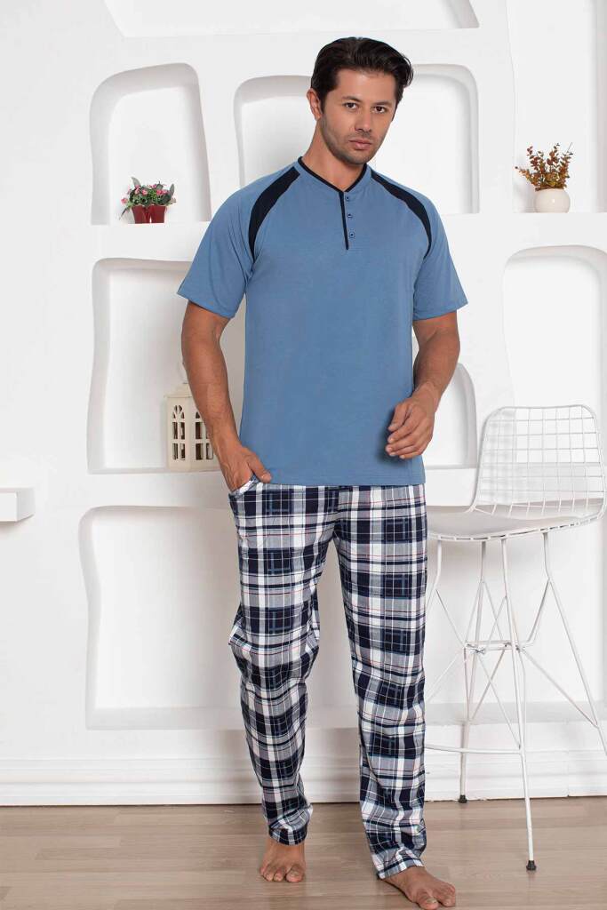 İndigo Kareli Kısa Kollu Erkek Pijama Takımı 1206KY - 3