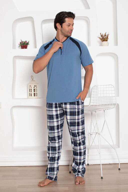İndigo Kareli Kısa Kollu Erkek Pijama Takımı 1206KY - 4