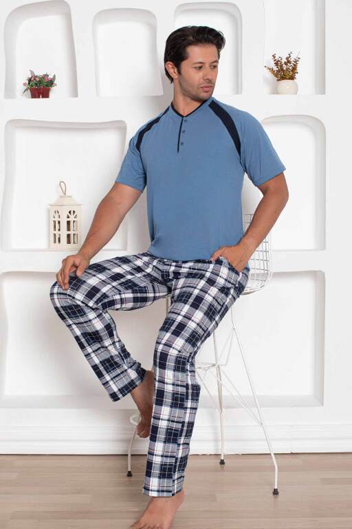 İndigo Kareli Kısa Kollu Erkek Pijama Takımı 1206KY - Alimer (1)