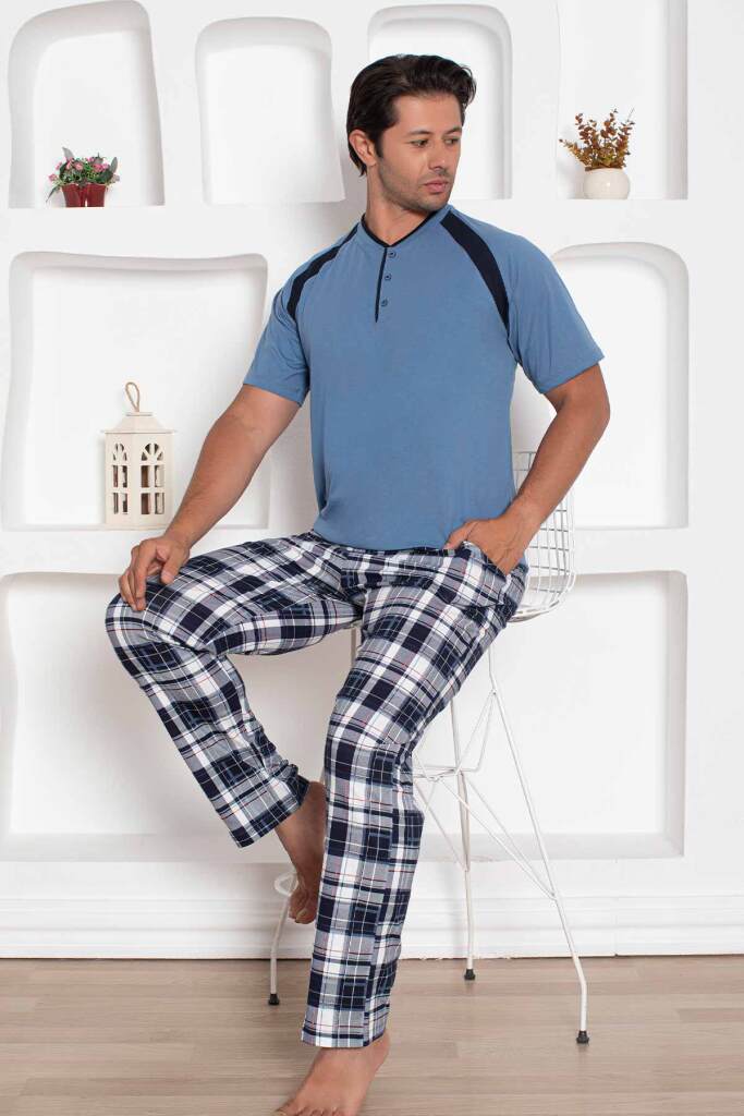 İndigo Kareli Kısa Kollu Erkek Pijama Takımı 1206KY - 2
