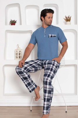 İndigo Kareli Kısa Kollu Erkek Pijama Takımı 1207KY - Alimer