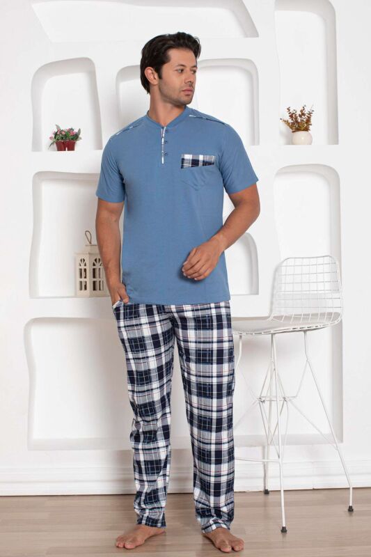 İndigo Kareli Kısa Kollu Erkek Pijama Takımı 1207KY - 2
