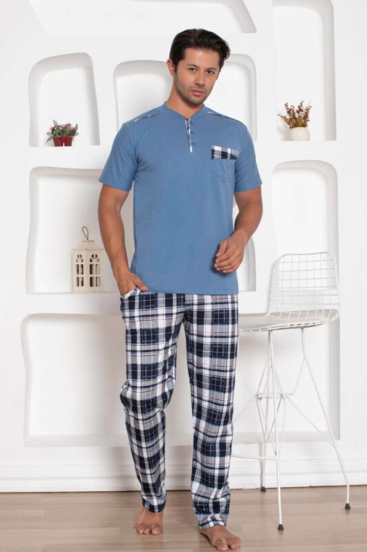 İndigo Kareli Kısa Kollu Erkek Pijama Takımı 1207KY - 3