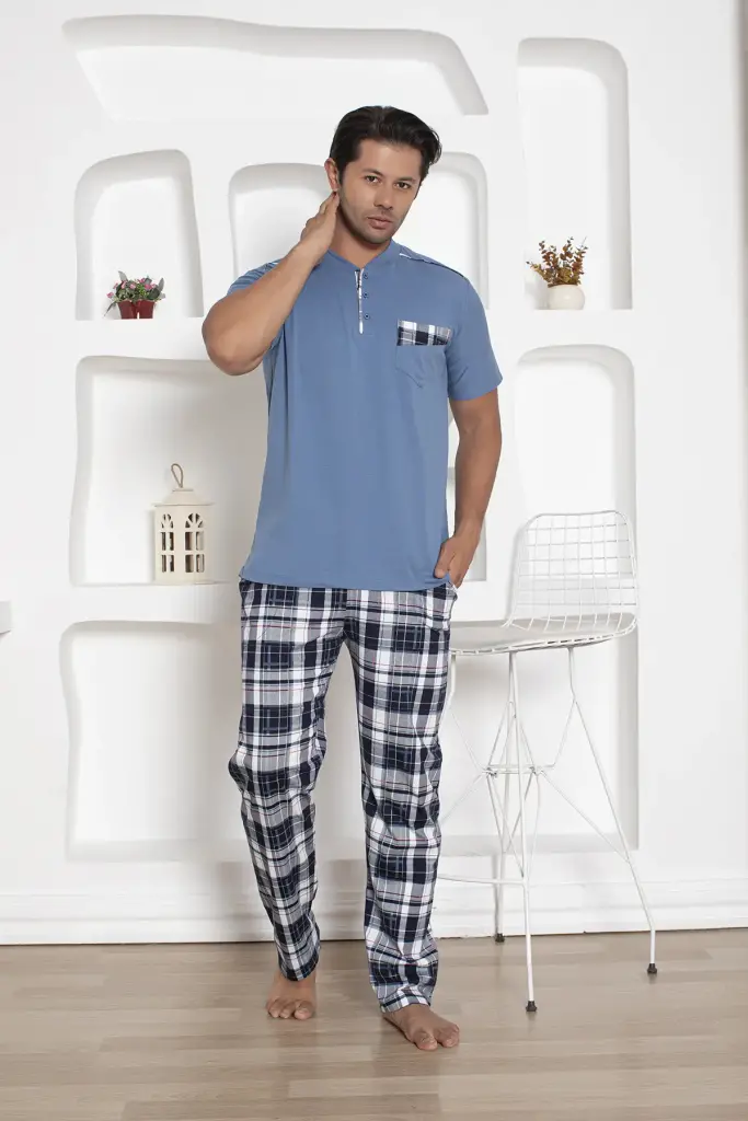 İndigo Kareli Kısa Kollu Erkek Pijama Takımı 1207KY - 1