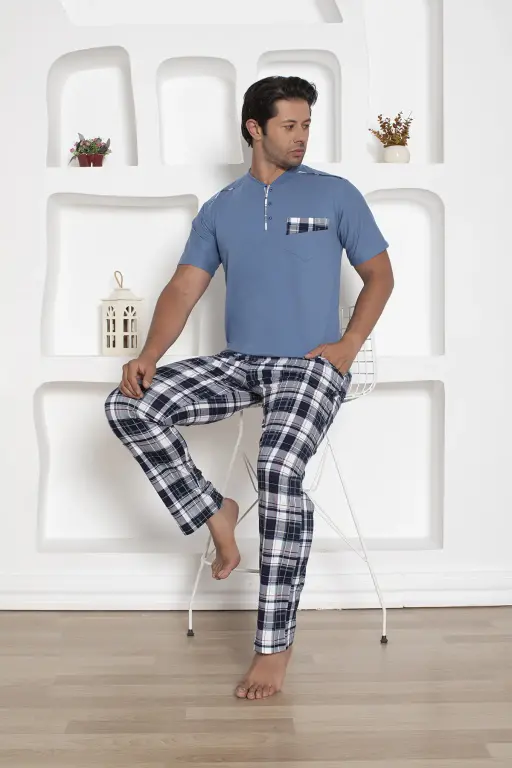 İndigo Kareli Kısa Kollu Erkek Pijama Takımı 1207KY - 3