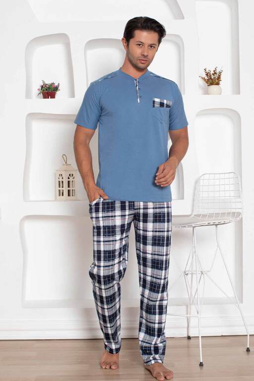 İndigo Kareli Kısa Kollu Erkek Pijama Takımı 1207KY - Alimer (1)