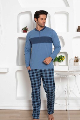 Ekoseli Erkek Pijama Takımı - İndigo Uzun Kollu Penye 1185UY - Alimer