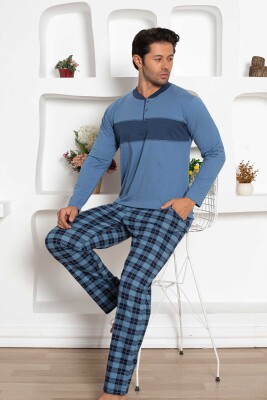 Ekoseli Erkek Pijama Takımı - İndigo Uzun Kollu Penye 1185UY - Alimer (1)