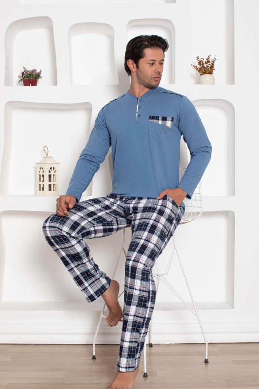 İndigo Kareli Uzun Kollu Erkek Pijama Takımı 1207UY - 1