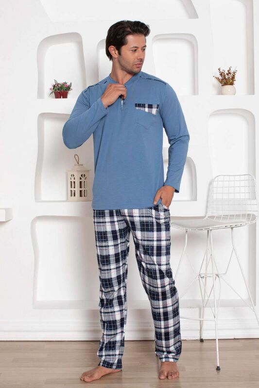 İndigo Kareli Uzun Kollu Erkek Pijama Takımı 1207UY - 2