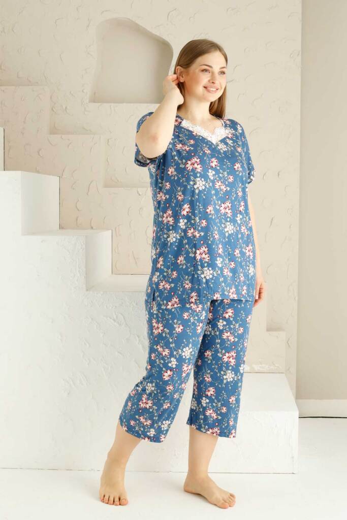 Bahar Dalı İndigo BATTAL Bermuda Bayan Pijama Takımı 2735BB - 3
