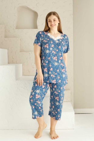Bahar Dalı İndigo BATTAL Bermuda Bayan Pijama Takımı 2735BB - Alimer