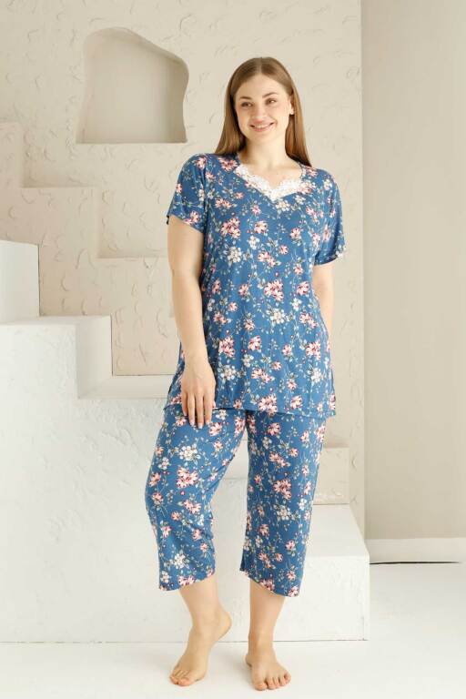 Bahar Dalı İndigo BATTAL Bermuda Bayan Pijama Takımı 2735BB - Alimer