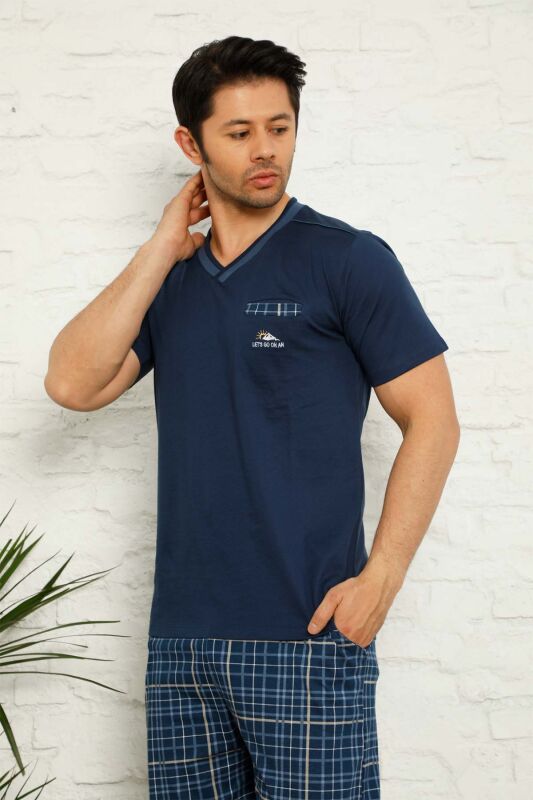 İndigo Ekoseli Kısa Kollu Erkek Pijama Takımı 1167KY - 3