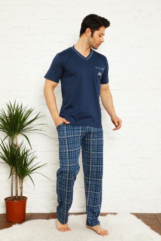 İndigo Ekoseli Kısa Kollu Erkek Pijama Takımı 1167KY - 4