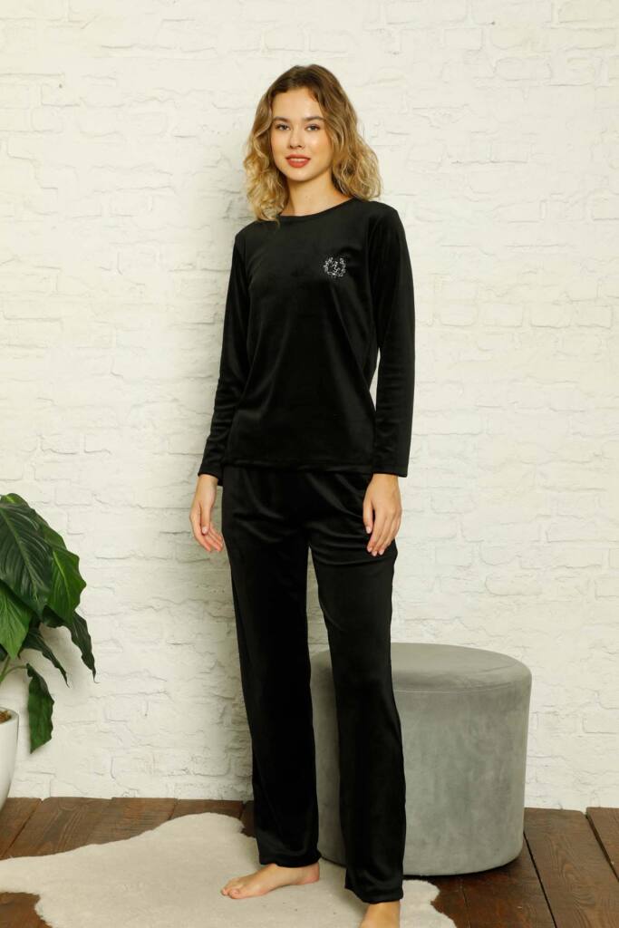 Kadife Kadın Pijama Takımı - Siyah Nakış Desenli Cepli Süper Soft Kumaş 2598UK - 3