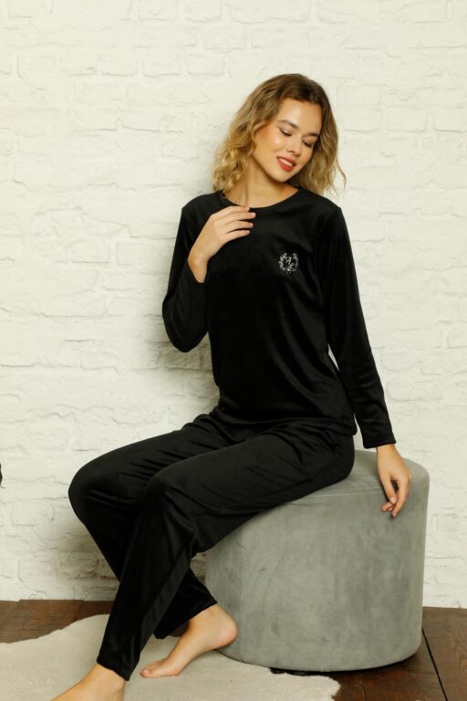 Kadife Kadın Pijama Takımı - Siyah Nakış Desenli Cepli Süper Soft Kumaş 2598UK - 4