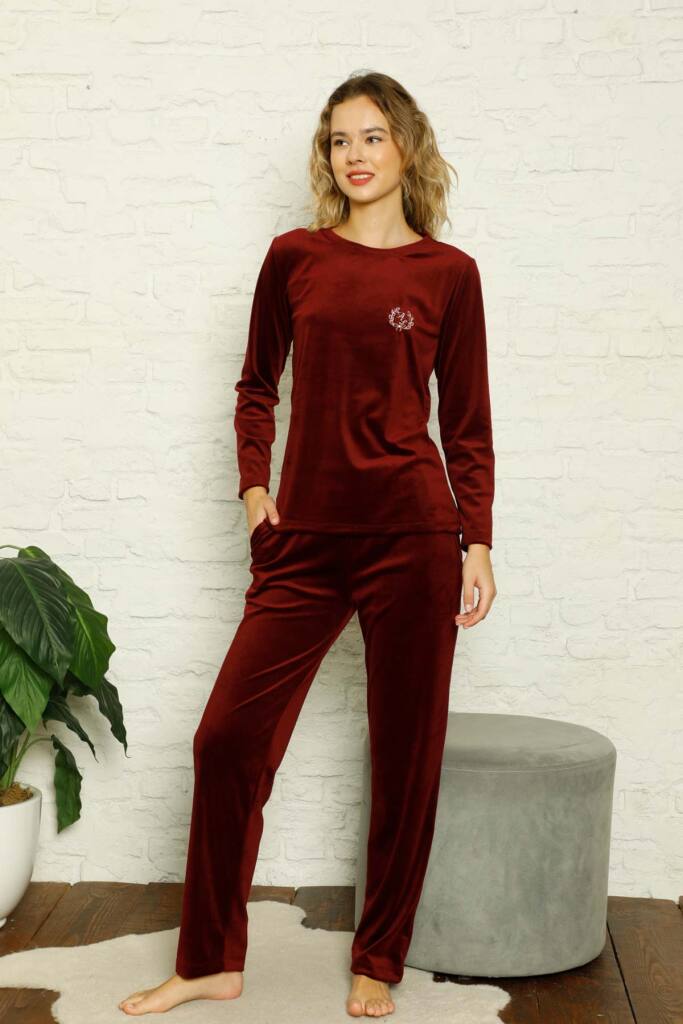 Kadife Kadın Pijama Takımı - Bordo Nakış Desenli Cepli Süper Soft Kumaş 2598UK - 1