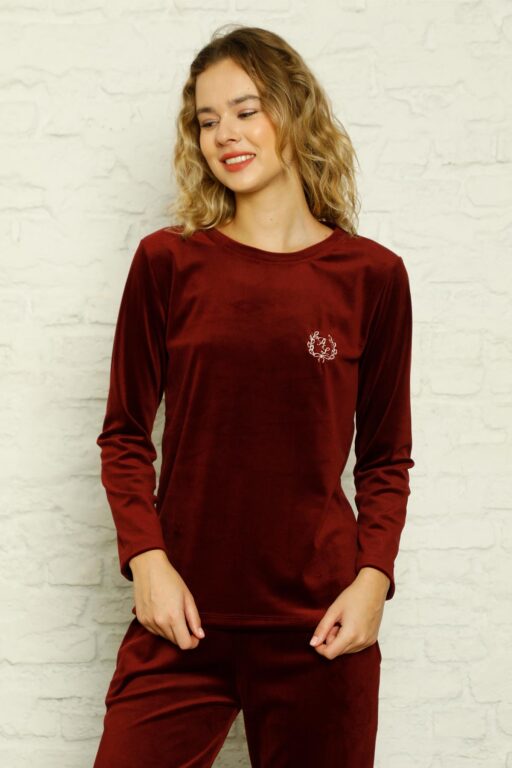 Kadife Kadın Pijama Takımı - Bordo Nakış Desenli Cepli Süper Soft Kumaş 2598UK - Alimer (1)