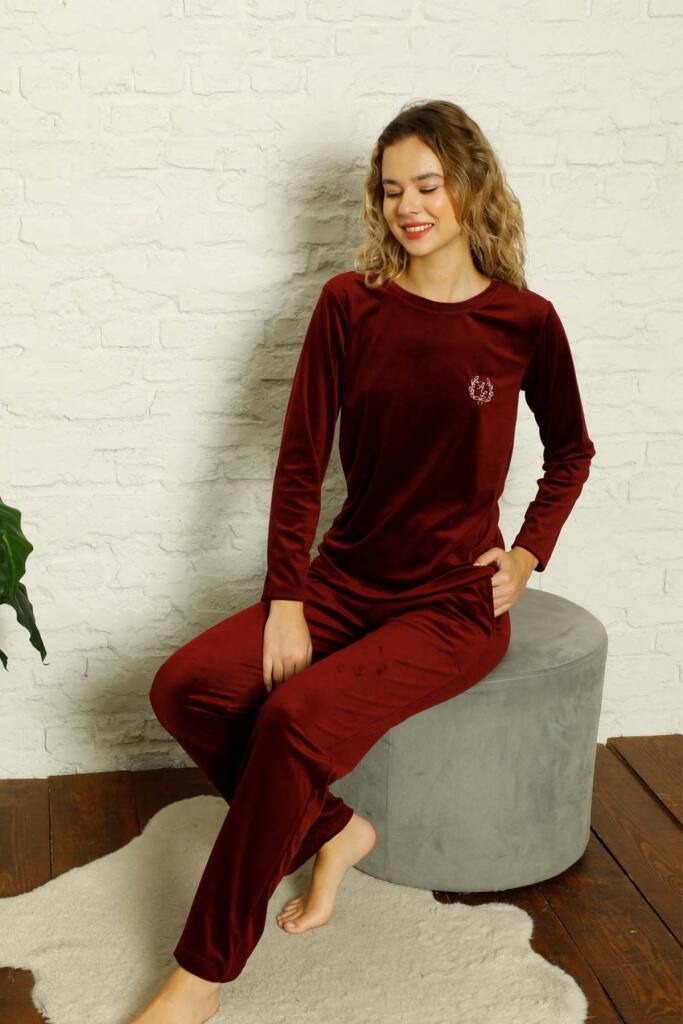 Kadife Kadın Pijama Takımı - Bordo Nakış Desenli Cepli Süper Soft Kumaş 2598UK - 4