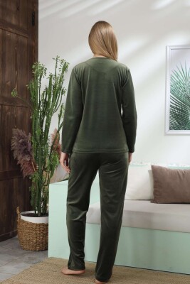 Kadife Kadın Pijama Takımı - İthal Kadife Yeşil Nakışlı Cepli 2598UK - 5