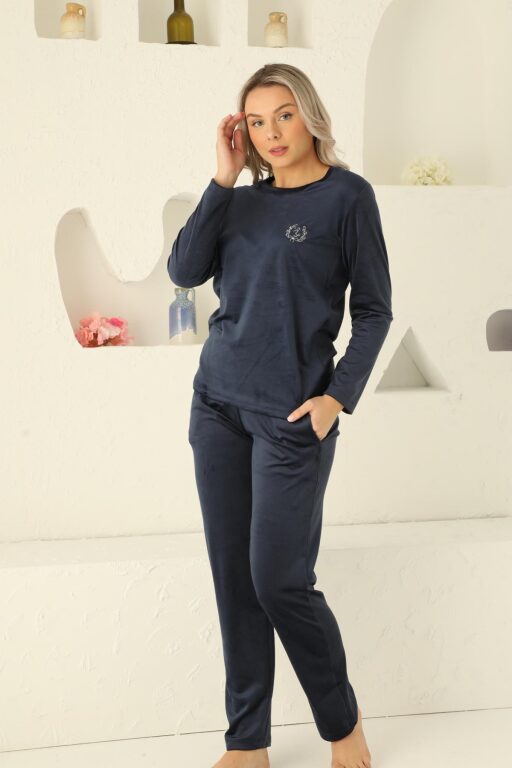 Kadife Kadın Pijama Takımı - Lacivert Nakış Desenli Cepli Süper Soft Kumaş 2598UK - Alimer