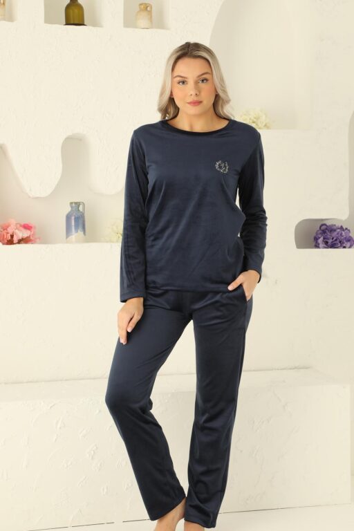 Kadife Kadın Pijama Takımı - Lacivert Nakış Desenli Cepli Süper Soft Kumaş 2598UK - Alimer (1)