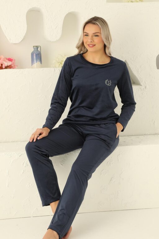 Kadife Kadın Pijama Takımı - Lacivert Nakış Desenli Cepli Süper Soft Kumaş 2598UK - 4