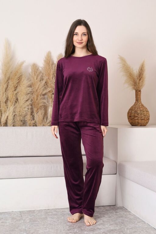 Kadife Kadın Pijama Takımı - Mor Nakış Desenli Cepli Süper Soft Kumaş 2598UK - Alimer