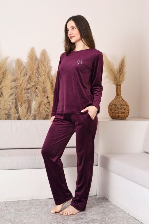 Kadife Kadın Pijama Takımı - Mor Nakış Desenli Cepli Süper Soft Kumaş 2598UK - Alimer (1)
