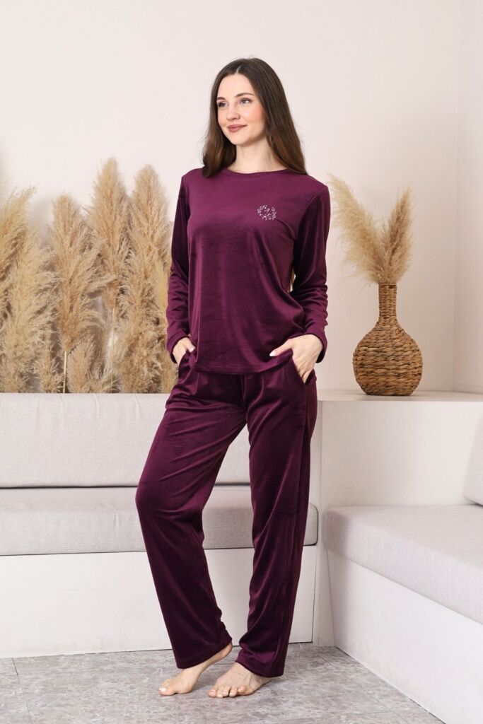 Kadife Kadın Pijama Takımı - Mor Nakış Desenli Cepli Süper Soft Kumaş 2598UK - 3