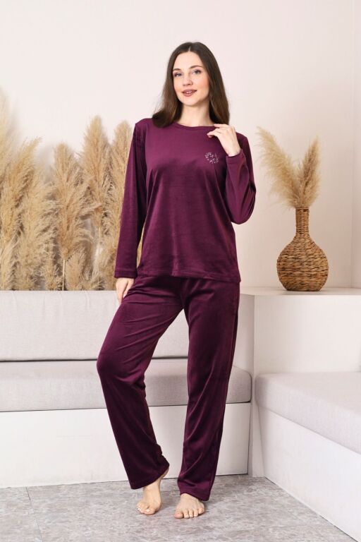 Kadife Kadın Pijama Takımı - Mor Nakış Desenli Cepli Süper Soft Kumaş 2598UK - 4