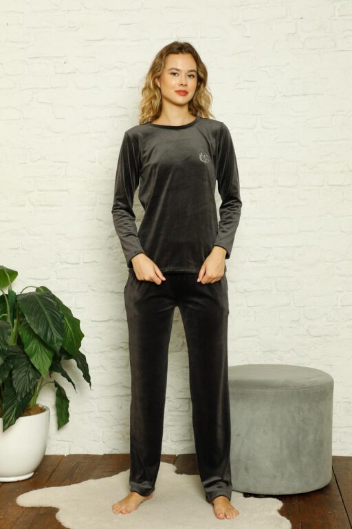 Kadife Kadın Pijama Takımı - Füme Nakış Desenli Cepli Süper Soft Kumaş 2598UK - 3