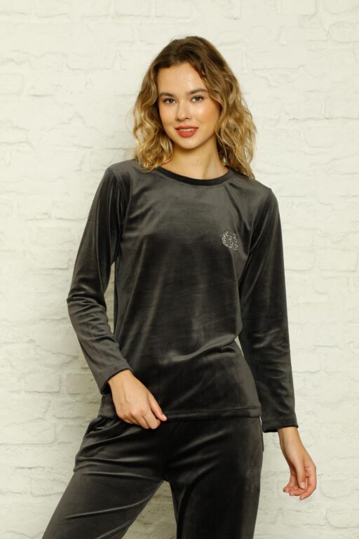 Kadife Kadın Pijama Takımı - Füme Nakış Desenli Cepli Süper Soft Kumaş 2598UK - Alimer (1)